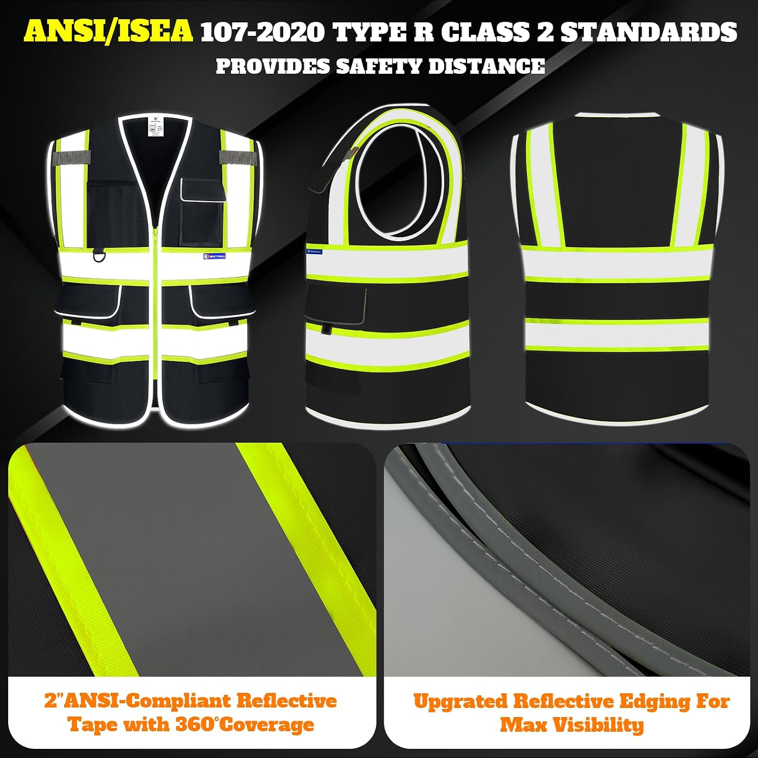 Custom Safety Vest Logo High Visibility Reflective Vest Ansi with Pockets Class 2 Hi Vis Security Construction Workwear