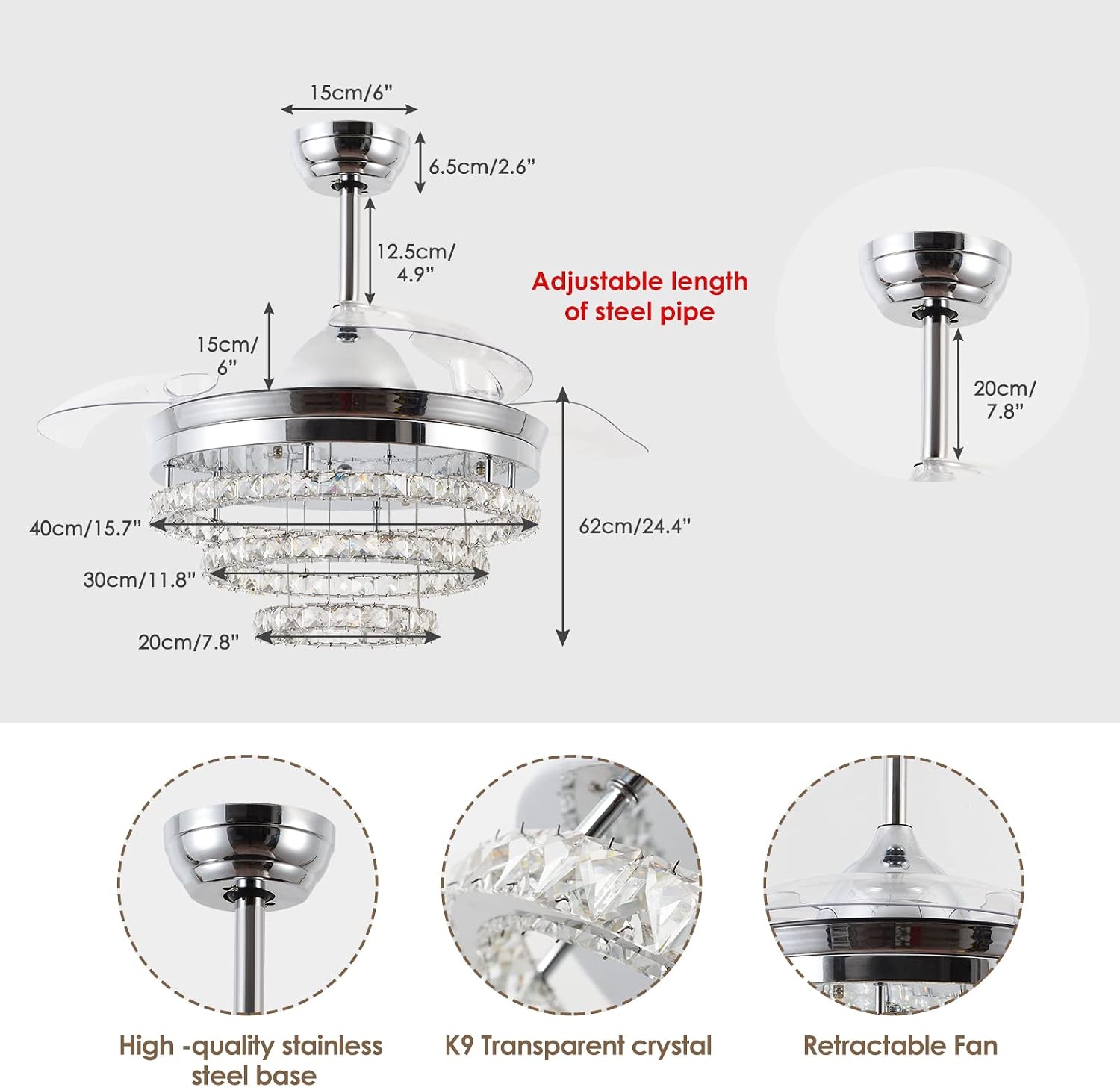 42' Dimmable Fandeliers Modern Crystal Invisible Chandelier Ceiling Fan With 3 LED Color Change Lights with Memory Function