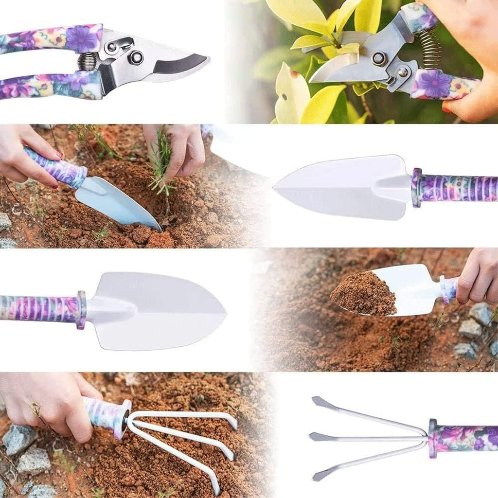 Garden Tools Set, 10 Pieces Gardening Tools with Purple Floral Print,Garden Hand Tools with Carrying Case Gardening Gifts for Women Gardening Gifts for Women Men