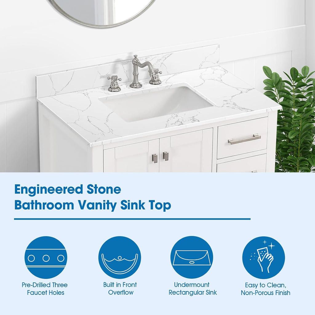 36 Inch Engineered Stone Bathroom Vanity Sink Top, with Undermount Rectangular Middle Sink, Vanity Countertop with 8 inch Faucet Hole Spacing and Backsplash in Lightning White