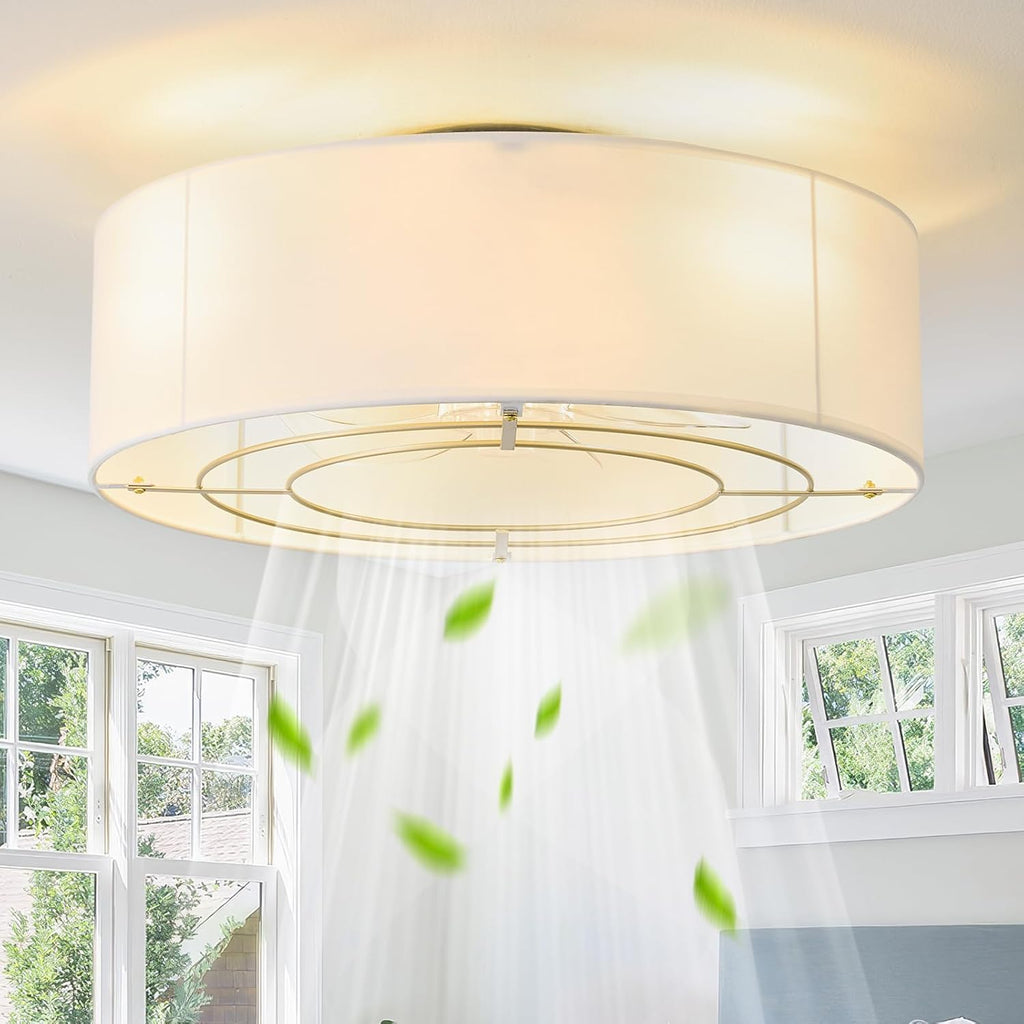 Low Profile Ceiling Fans with Lights, 20' Flush Mount Ceiling Fan with Light, Boho Bladeless with 6 Speeds, Rattan Remote Control for Bedroom, Nursery, Living Room