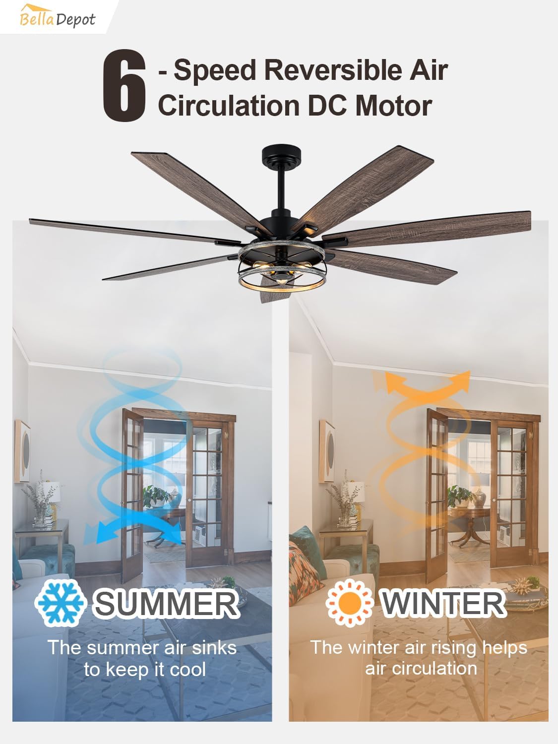 Bella Depot 72 Inch Farmhouse Ceiling Fan Modern Black Chandelier Fan with Remote Control 6-Speed Reversible Timing Option - Ideal for Large Living Room, Garage, and Covered Patio