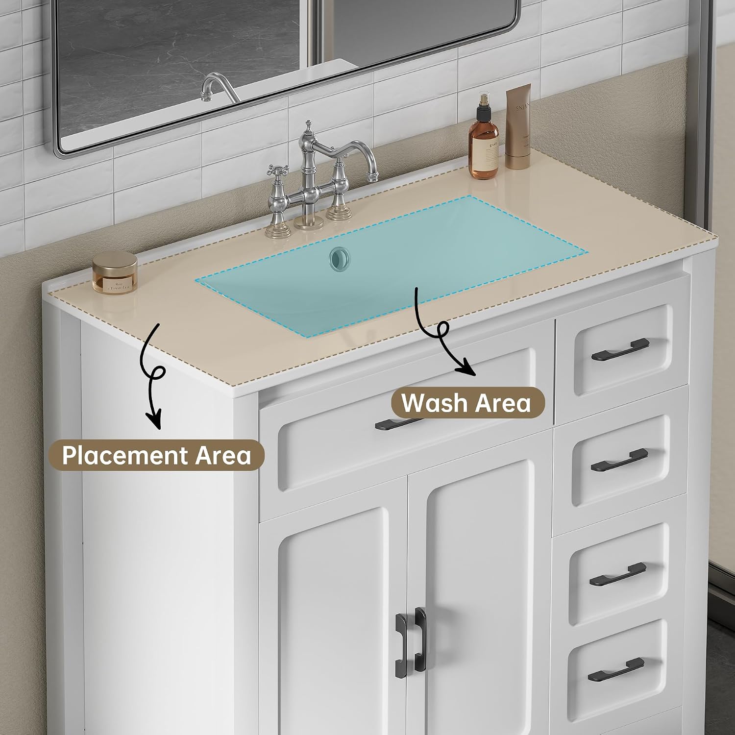 30' Ceramic Bathroom Vanity Sink Top, Modern White Vanity Top for cabinet with Triple Faucet Holes