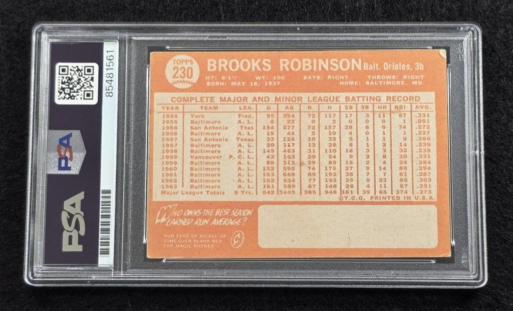 Rare 1964 BROOKS ROBINSON Signed TOPPS Card-HALL OF FAME-Baltimore Orioles-PSA - Baseball Slabbed Autographed Cards