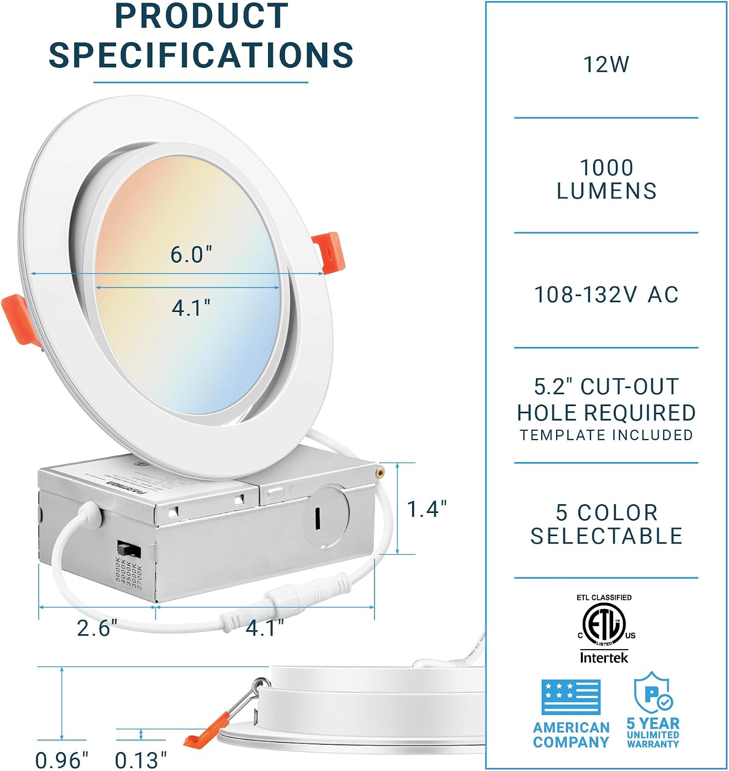 PARMIDA (12 Pack) 6 Inch 5CCT Ultra-Thin LED Adjustable Gimbal Recessed Lighting with J-Box, 2700K/3000K/3500K/4000K/5000K 5 Color Selectable, 12W, Eyeball Canless Slim Panel Lights, Dimmable, IC, ETL