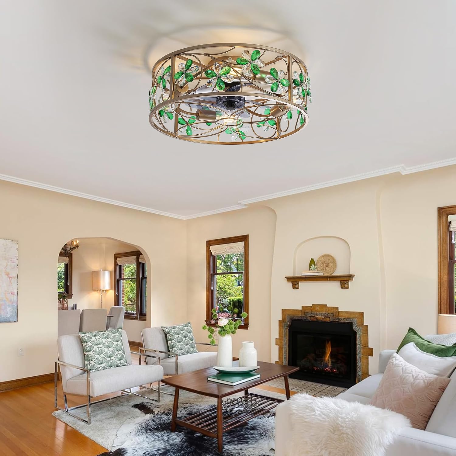 Ceiling Fans with Lights and Remote Flower Crystal Low Profile Ceiling Fan Bedroom Fan w. 6 Speeds Reversible Motor Bladeless Flush Mount Fan Light for Living Room ,Dinning Room,Entrance,Gold