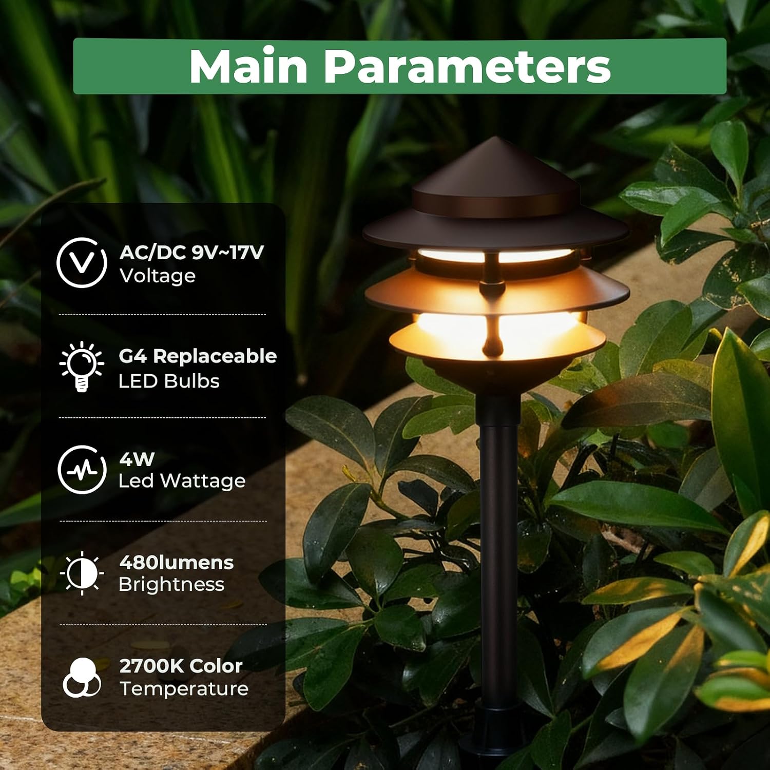 Gardencoin Pagoda Low Voltage Landscape Pathway Lights, 12V Outdoor LED Path Lights Wired, Aluminum Walkway Lighting with 4W 2700K Replaceable G4 Bulb, Bronze Classic 3-Tier Lantern, 12 Pack