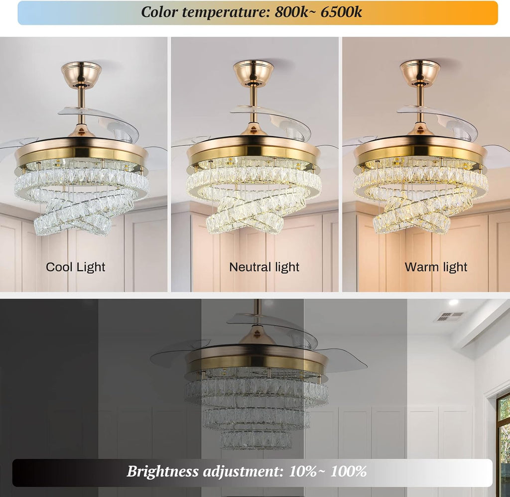 42' Gold LED Fandeliers with Lights Dimmable Crystal Ceiling Fan with Lights Individual 3 LED Color Change with Timi Memory Function
