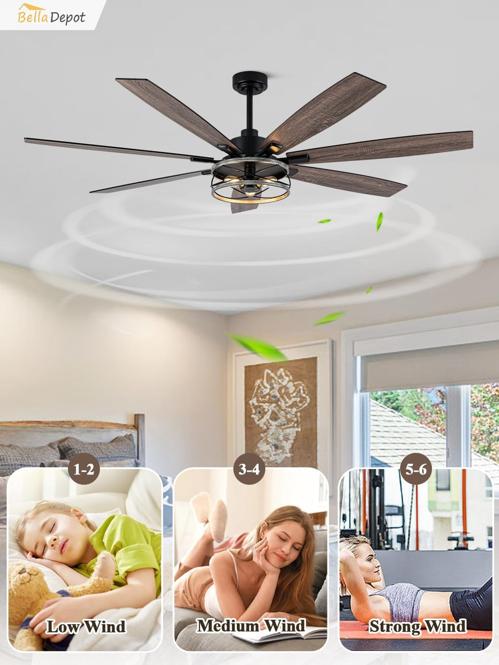 Bella Depot 72 Inch Farmhouse Ceiling Fan Modern Black Chandelier Fan with Remote Control 6-Speed Reversible Timing Option - Ideal for Large Living Room, Garage, and Covered Patio