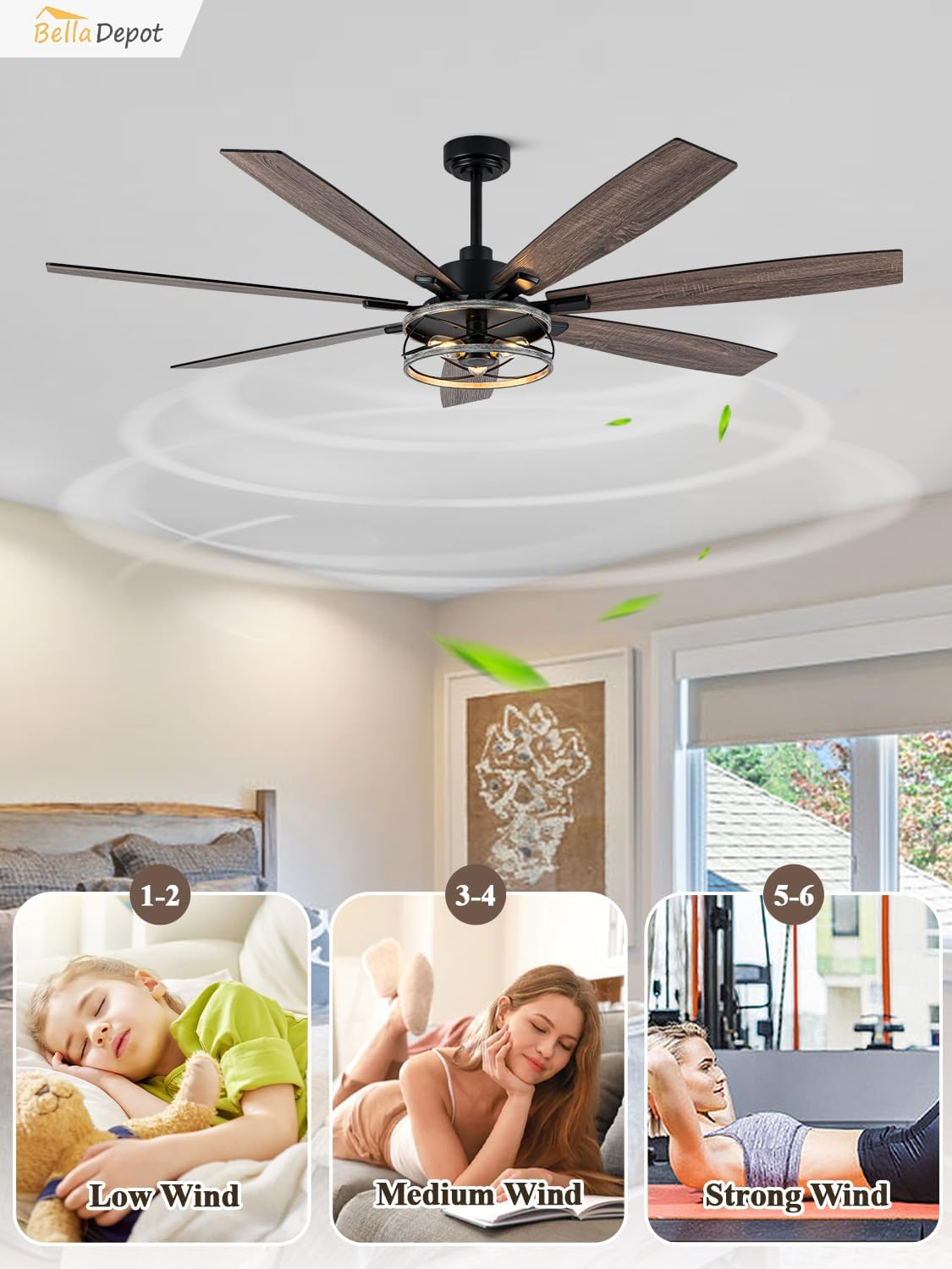 Bella Depot 72 Inch Farmhouse Ceiling Fan Modern Black Chandelier Fan with Remote Control 6-Speed Reversible Timing Option - Ideal for Large Living Room, Garage, and Covered Patio