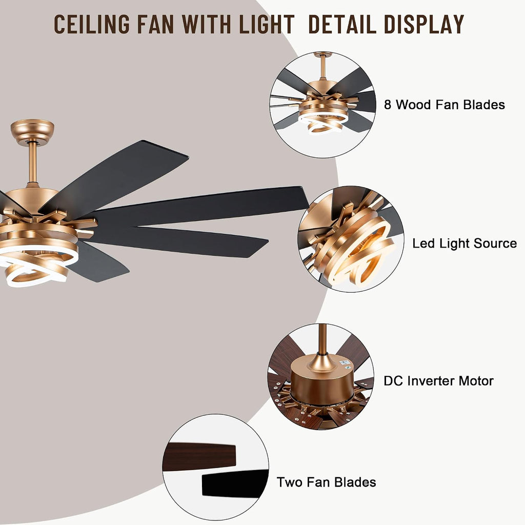 Farmhouse Ceiling Fans with Lights,Chandelier Fan with DIY Rings LED,Fandelier Ceiling Fans with Lights for Living Room/Bedroom (Gold-MD-DC7205-G, 72 Inch)