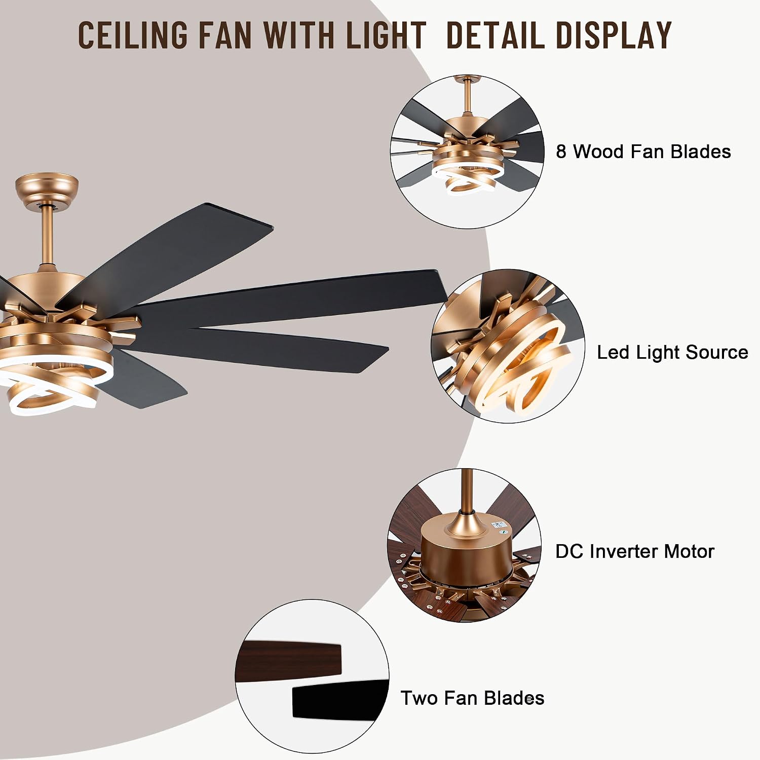 Farmhouse Ceiling Fans with Lights,Chandelier Fan with DIY Rings LED,Fandelier Ceiling Fans with Lights for Living Room/Bedroom (Gold-MD-DC7205-G, 72 Inch)