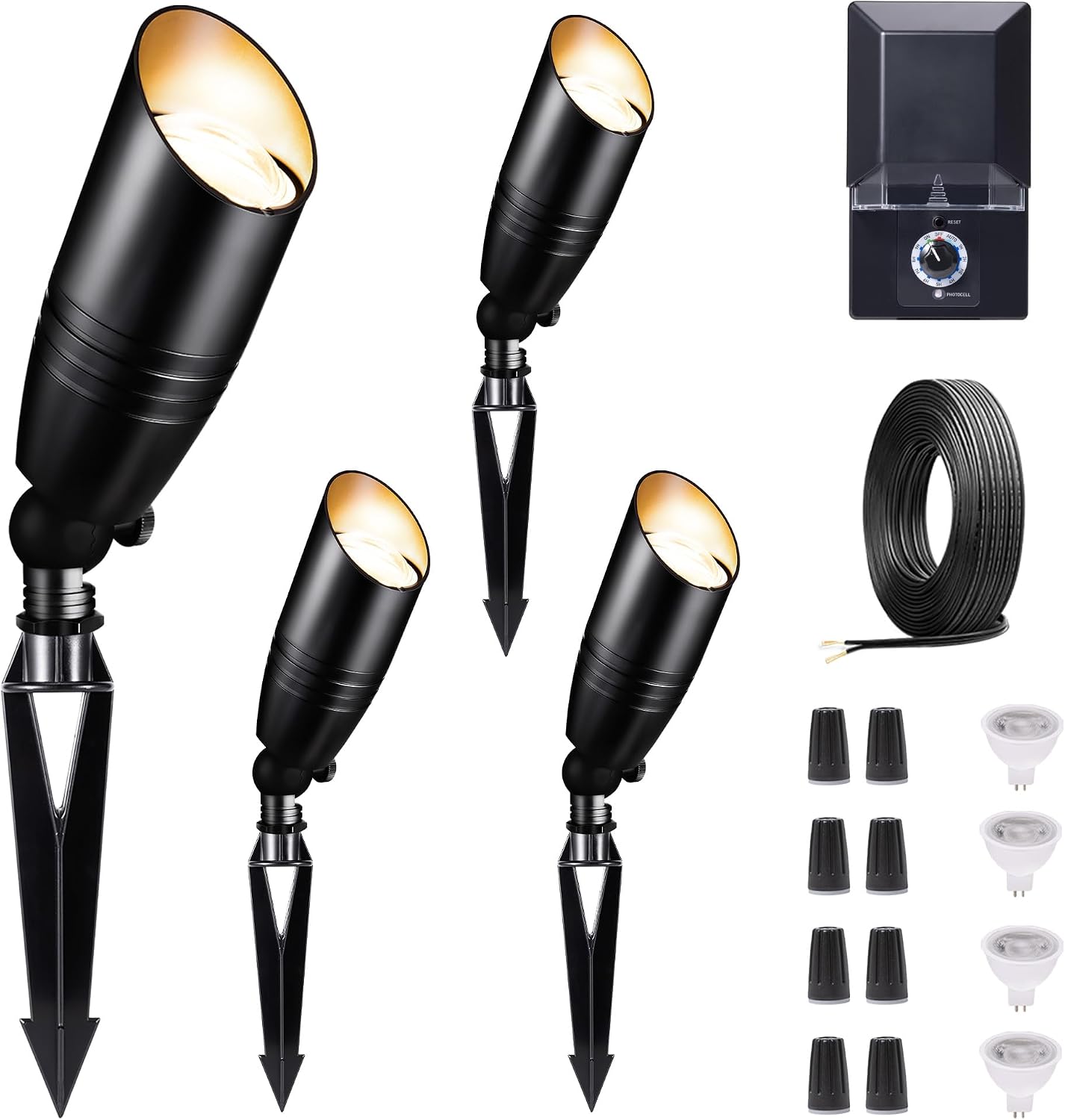 Low Voltage Landscape Spotlights Kit, 4 Pack Black Outdoor12V LED Lights and 100W Transformer and 100FT Cable and 20 Wire Connectors, Waterproof Aluminum Uplighting for Tree House Garden