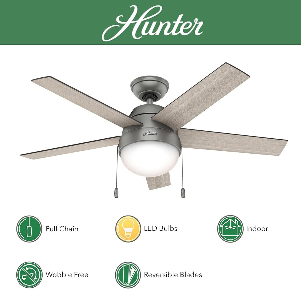 Hunter Fan 46 inch Contemporary Low Profile Ceiling Fan with Light Kit in Matte Silver (Renewed)