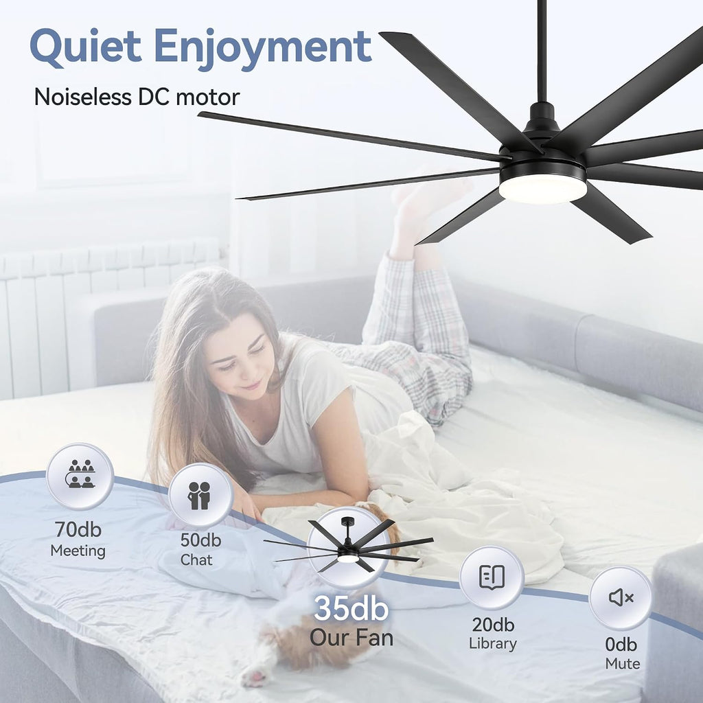 72 inch Ceiling Fans with Lights and Remote, 8 Reversible Blades, 6-Speed Quiet DC Motor, Timer, 3 Color LED Light, 2 Downrods, Industrial Black Indoor Ceiling Fan Fandeliers for Bedroom Living Room