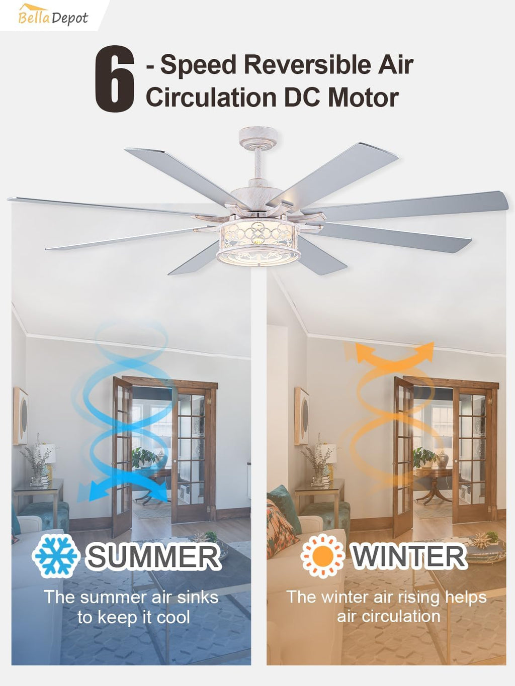 72 Inch Farmhouse Ceiling Fan with Lights Large Chandelier Caged Fan with Quiet Reversible DC Motor Rustic Fan with Wooden Blades White - Ideal for Bedroom, Living Room, Dining Room, Any Big Spaces
