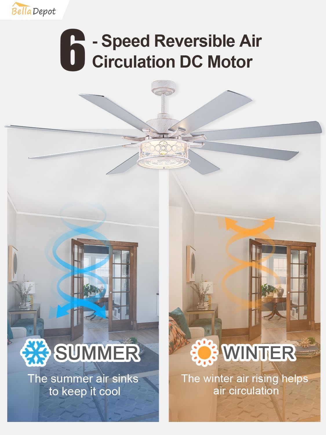 72 Inch Farmhouse Ceiling Fan with Lights Large Chandelier Caged Fan with Quiet Reversible DC Motor Rustic Fan with Wooden Blades White - Ideal for Bedroom, Living Room, Dining Room, Any Big Spaces