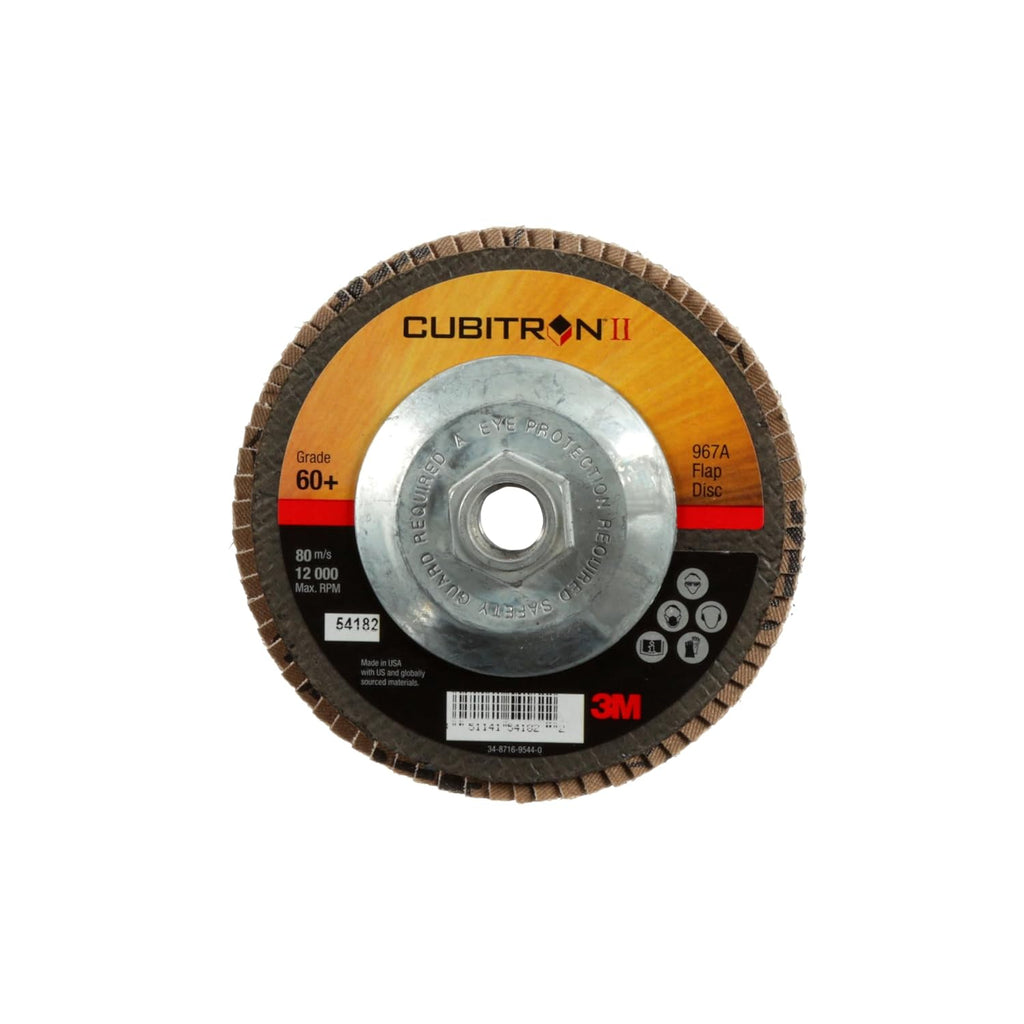 3M Cubitron II Flap Disc 967A, 60+, T27, 5 in x 5/8'-11, Pack of 10, Medium Pressure Applications, Light Deburring, Scale Removal, Oxide Removal, Surface Prep