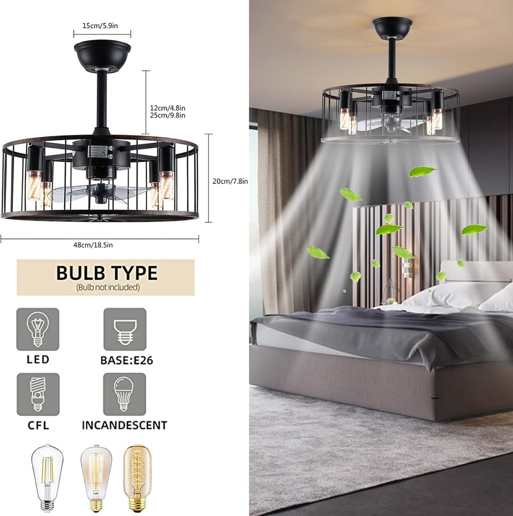 LOYALHEARTDY Black Caged Ceiling Fan with Lights Remote Control, 18' Rustic Bladeless Ceiling Fan Kids Fan, Modern Down rod Mount Industrial Bedroom Ceiling Fan