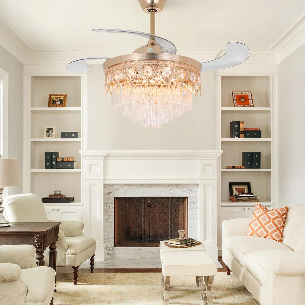42' Gold Retractable Ceiling Fan with Lights, Luxury Gold Crystal Chandelier Fan 6 Speeds 3 Colors Modern Ceiling Fan for Living Room