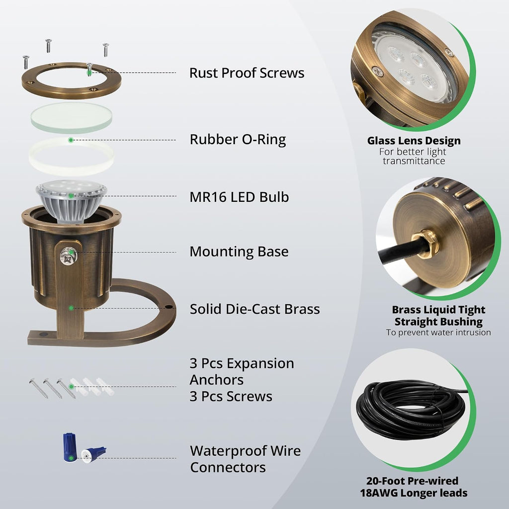 GKOLED Solid Brass Underwater Light, Low Voltage LED Pond Lights, Submersible Fountain Lighting with 5W 2700K 410LM MR16 Bulb, 9-15V AC/DC Outdoor Landscape Light, IP68 Rated Pool Spotlights, 2 Pack