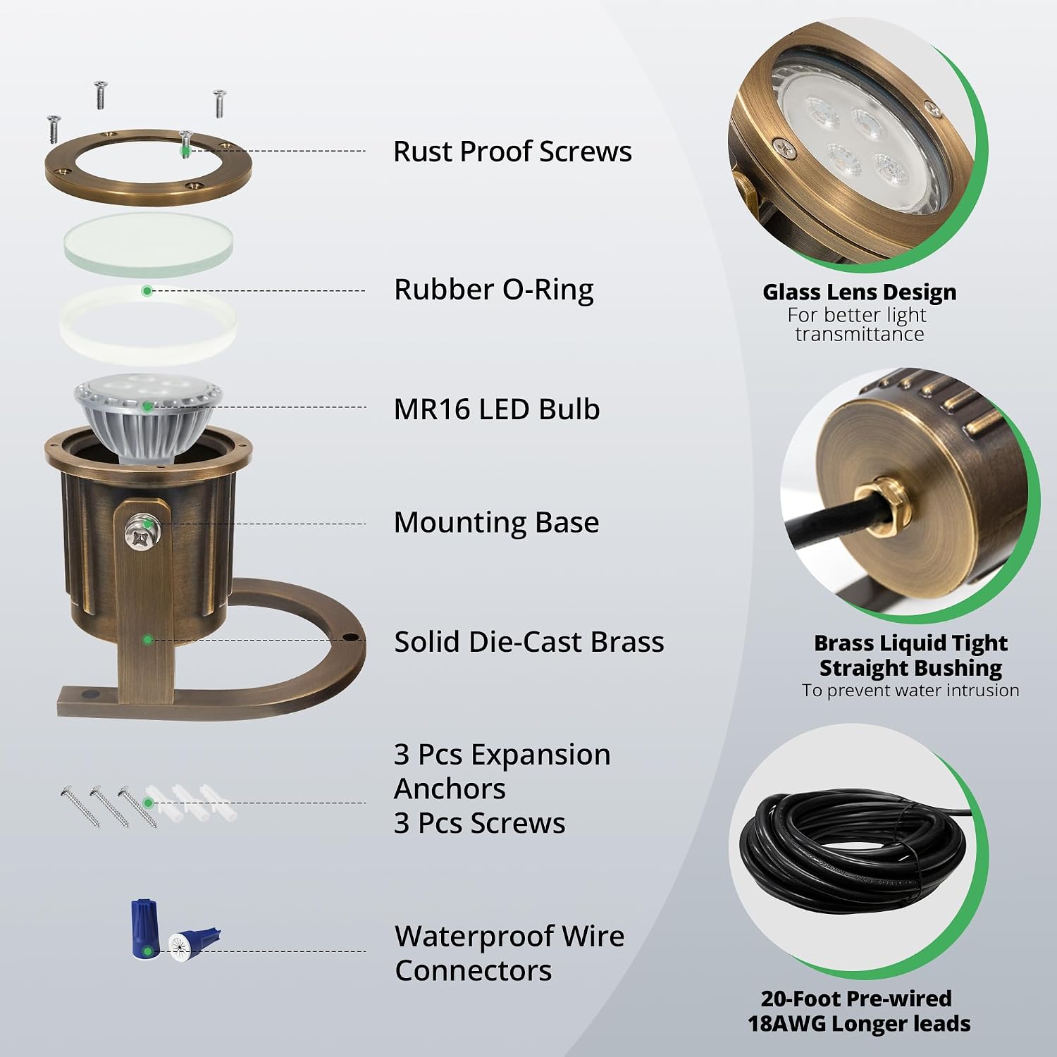 GKOLED Solid Brass Underwater Light, Low Voltage LED Pond Lights, Submersible Fountain Lighting with 5W 2700K 410LM MR16 Bulb, 9-15V AC/DC Outdoor Landscape Light, IP68 Rated Pool Spotlights, 2 Pack