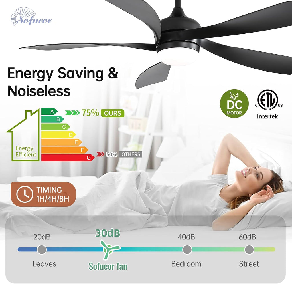 Sofucor 52 Inch Ceiling Fan with Light, Modern Ceiling Fan with Dimmable Memory LED - Quiet DC Motor, 6 Speeds 5000CFM, Timer, Reversible, for Living Room Bedroom, ETL, 5 Plastic+ABS Blades, Black