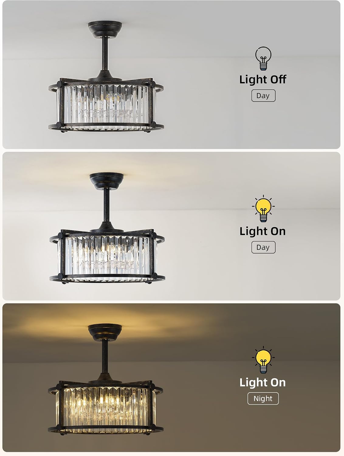 20' Farmhouse Rustic Crystal Fandelier Ceiling Fans with Lights, Black Crystal Industrial Chandelier Ceiling Fan with Light and Remote, Caged with 6 Speeds for Bedroom, Nursery, Living Room