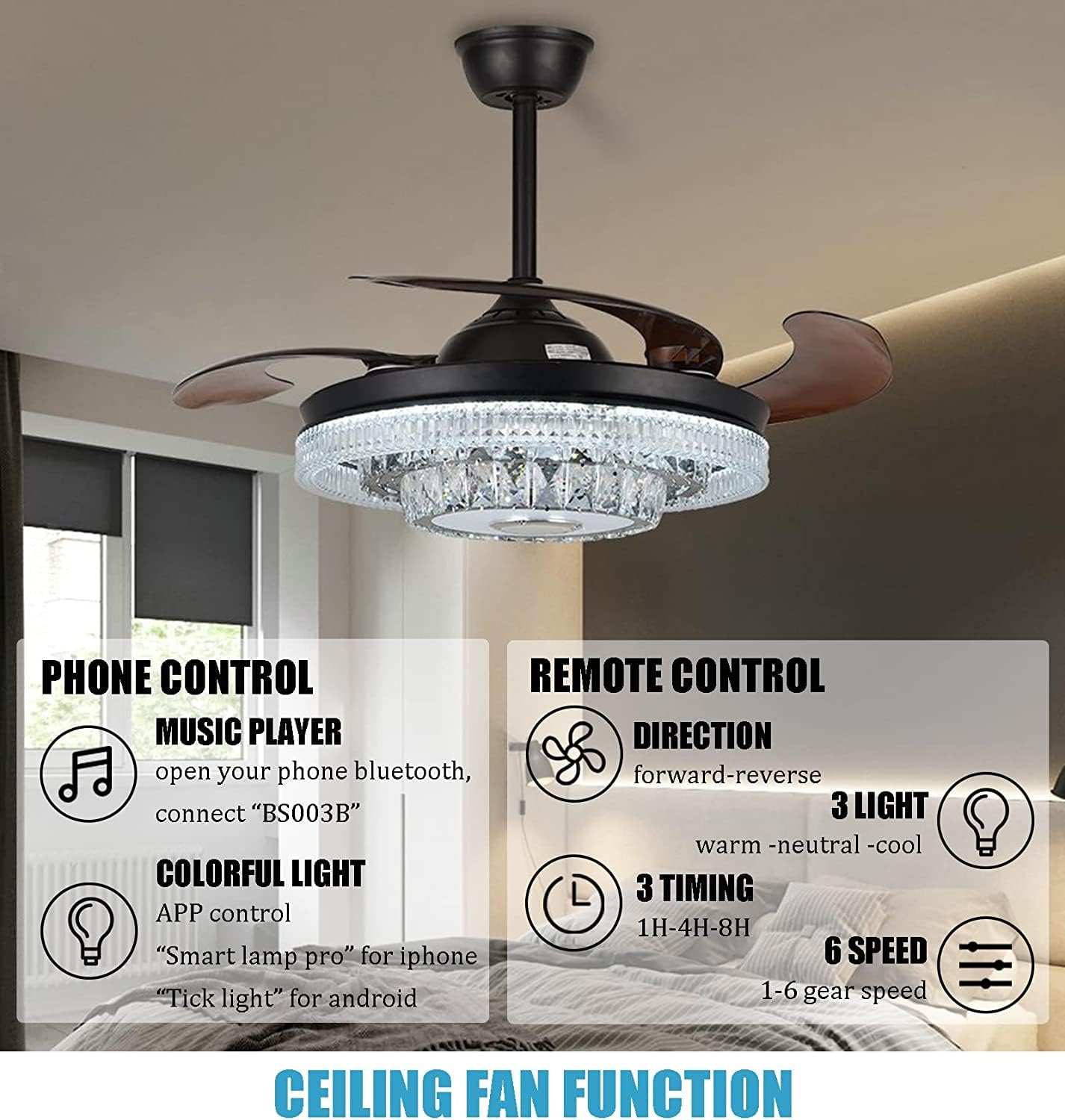 42' Modern Chandelier Ceiling Fan with Lights Reversible Blades, Fandelier with Bluetooth Speaker 7 Dimmable Colors 6 Speeds, Crystal Retractable Ceiling Fan with Remote Control Silent Motor