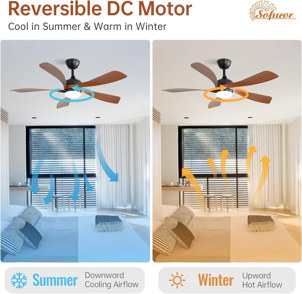 Sofucor 52 Inch Ceiling Fan with Light, Modern Ceiling Fan with Dimmable Memory LED - Quiet DC Motor, 6 Speeds 5000CFM, Timer, Reversible, for Living Room Bedroom, ETL, 5 Plastic+ABS Blades, Brown