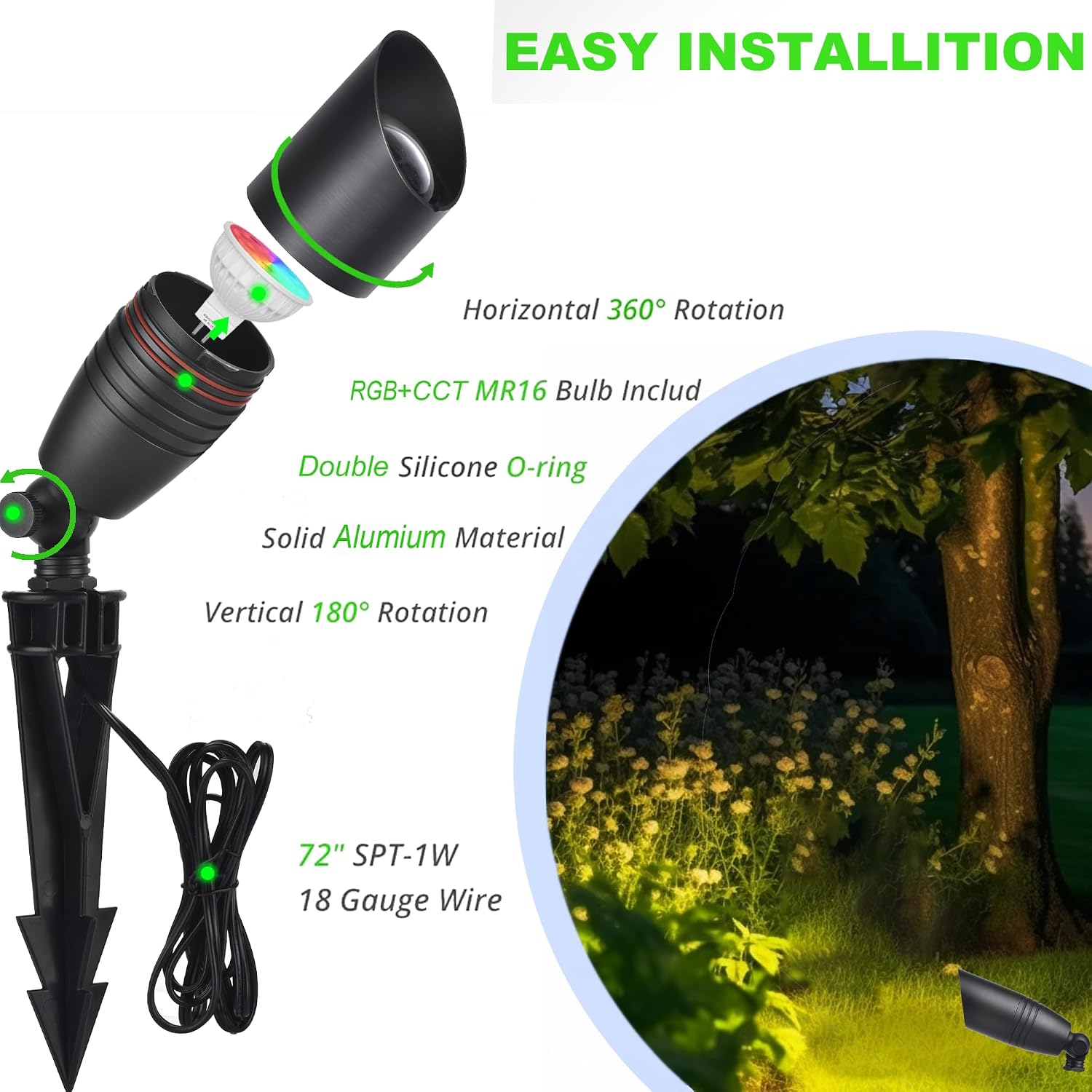 Remote Control RGB Color Changing Landscape Lighting,Low Voltage Spotlights,IP65 Waterproof Uplights for Yard,Heavy Duty Accent Fixtures, Double White MR16 Light Bulbs Included 5W 2700K