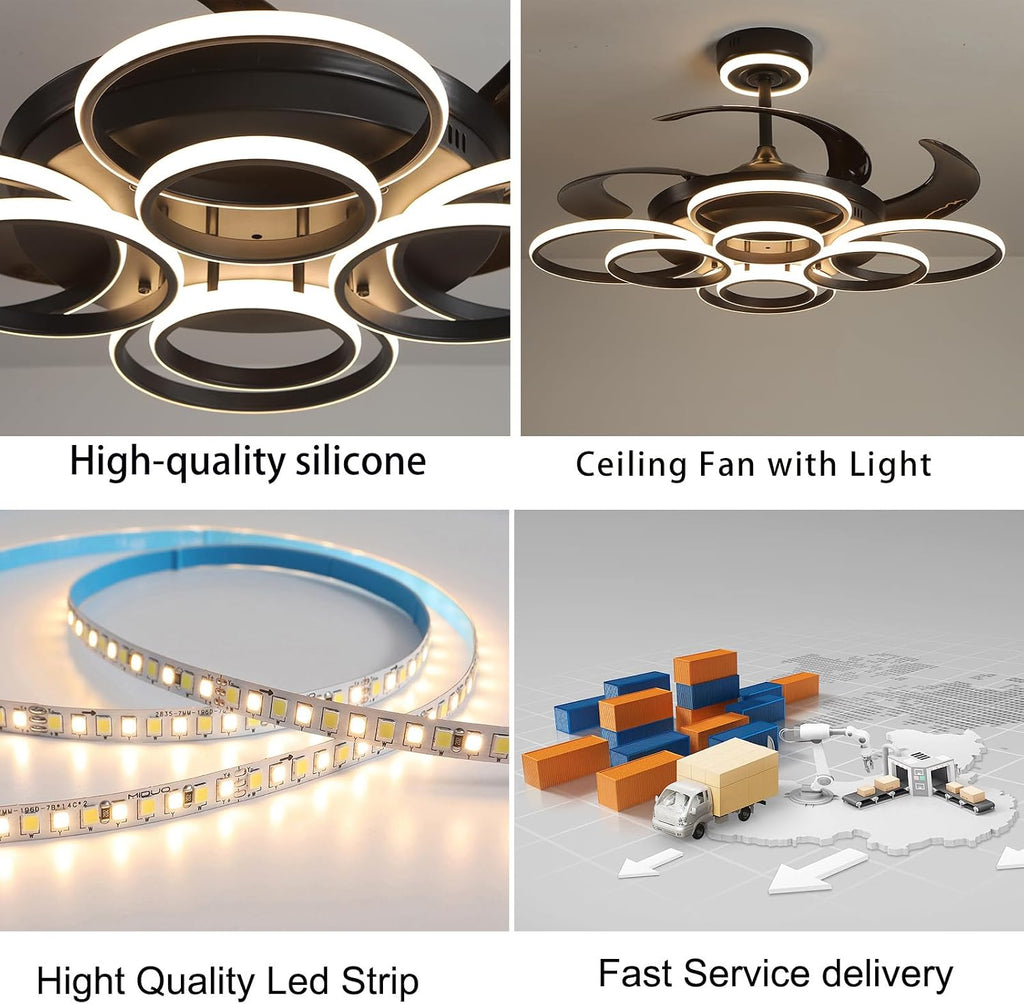 48' Retractable Ceiling Fan with Lights Modern Fandelier Fan Light with Remote Bladeless Fan Ceiling Light for Bedroom Living Room 6 Speed Black (Black RFL25009)