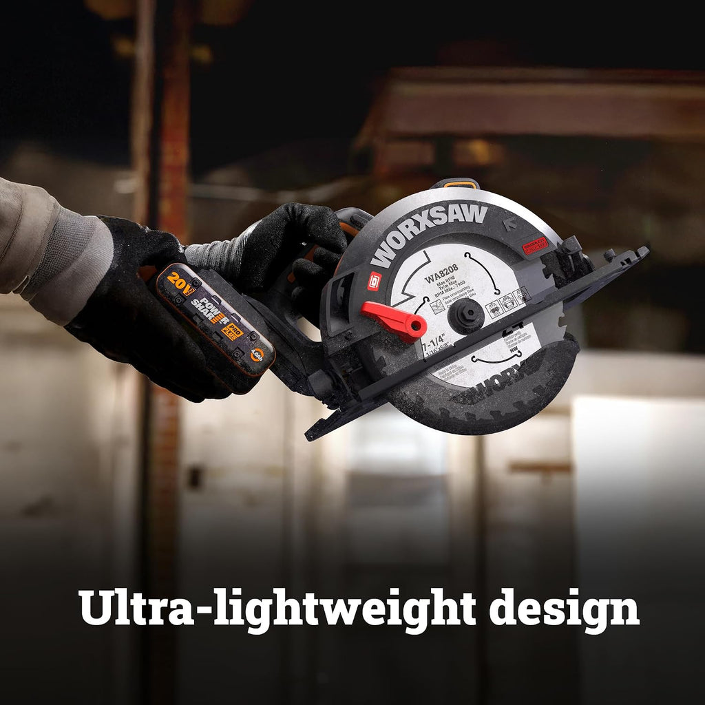 WORX Cordless Circular Saw, 20V 7-1/4-Inch Blade Brushless Circular Saw, Powerful and Faster Cutting with up to 6,100 RPM, Ultra-lightweight Design, 20V 4.0 Ah Battery and Charger Included, PowerShare