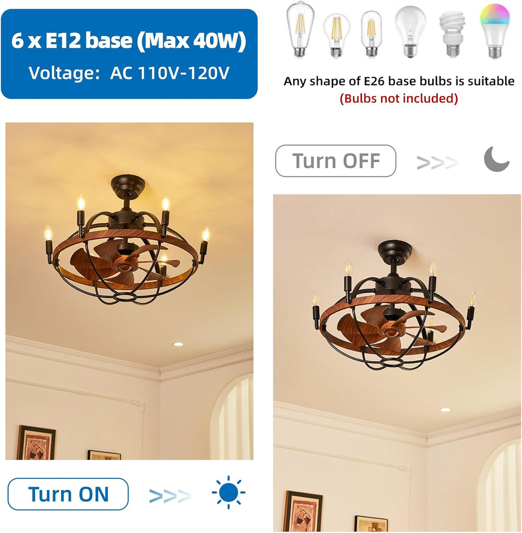 27.6' Farmhouse Ceiling Fan with Light and Remote Control, Vintage Cage Candle Chandelier Fans Rustic Enclosed Bladeless Fandelier for Kitchen Dining Room Living Room