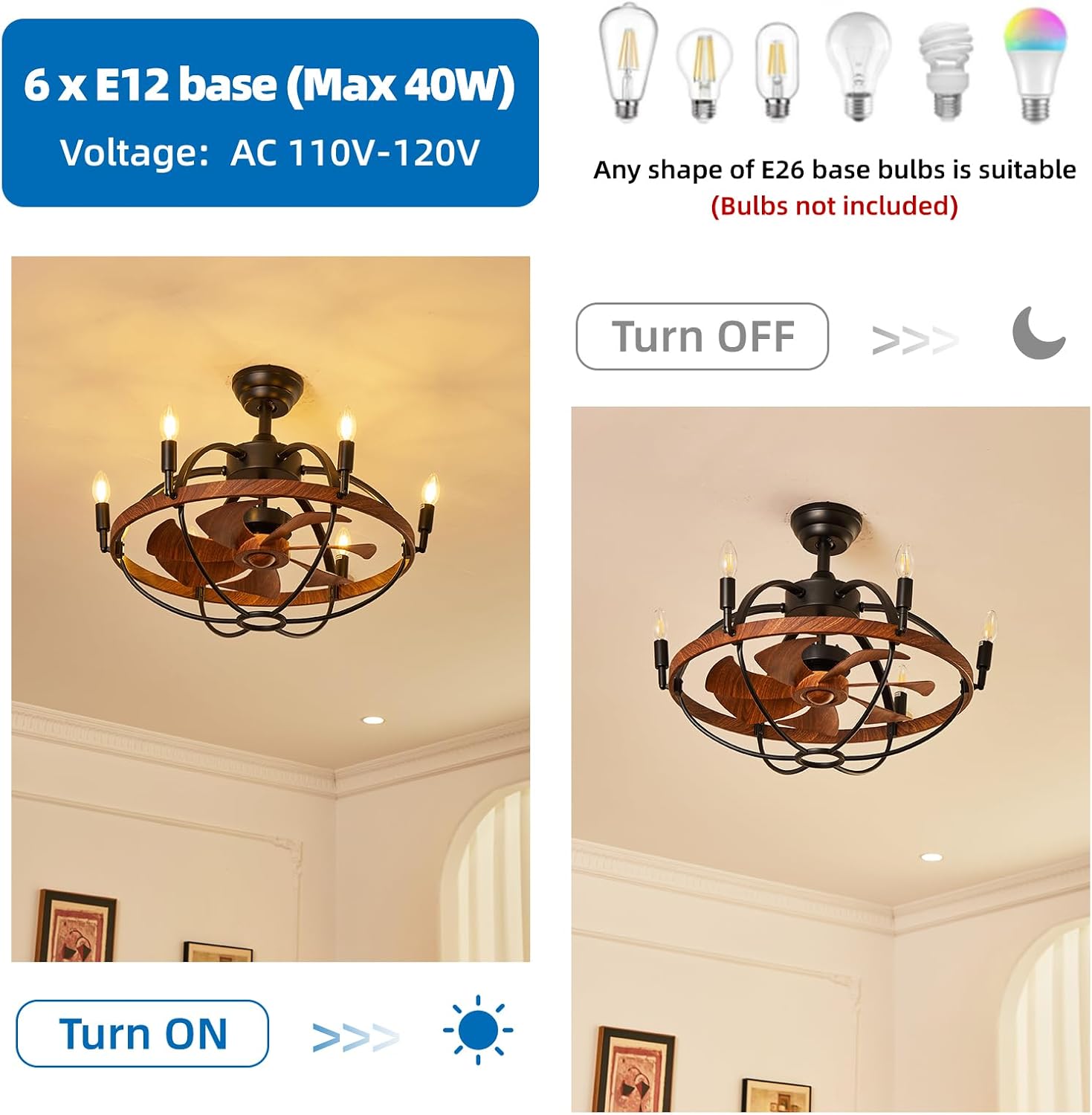 27.6' Farmhouse Ceiling Fan with Light and Remote Control, Vintage Cage Candle Chandelier Fans Rustic Enclosed Bladeless Fandelier for Kitchen Dining Room Living Room
