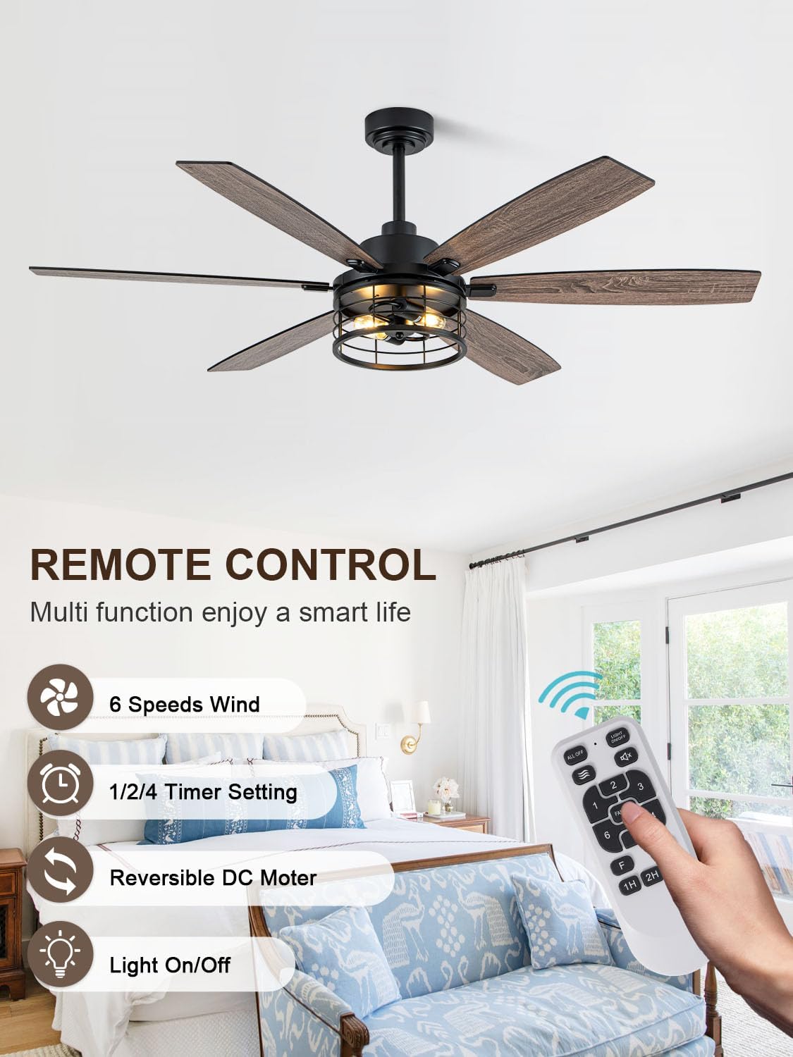 60 Inch Farmhouse Ceiling Fan with Lights and Remote Large Rustic Ceiling Fan Caged Fandelier Chandelier, 6 Dual Blades Reversible Quiet DC Motor 3CCT 6 Speed for Living Room Indoor Outdoor