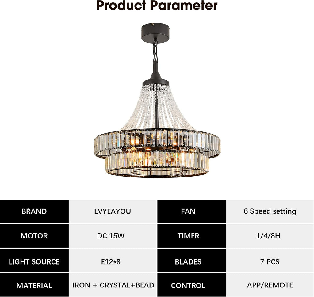 24' Farmhouse Crystal Chandelier Ceiling Fan with Lights, Remote & App Control, 6-Speed Reversible Large Fandelier, Double Layer Design for Bedroom, Living Room (Black)