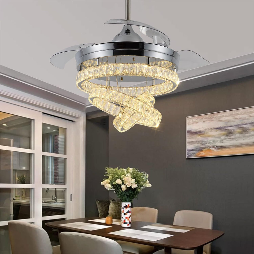 42' Dimmable Fandeliers Modern Crystal Ceiling Fan with Lights LED Invisible Fandelier Crystal Chandelier Fan 3 LED Color Change with Memory Function
