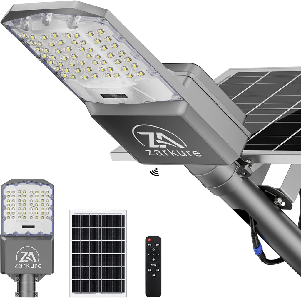 9500W Solar Street Lights Outdoor, 40000mAh IP67 Waterproof Solar Security Flood Lights 7000K 450000LM Super Bright LED Beads Commercial Parking Light with Remote Control for Street, Court, Barn-Gray