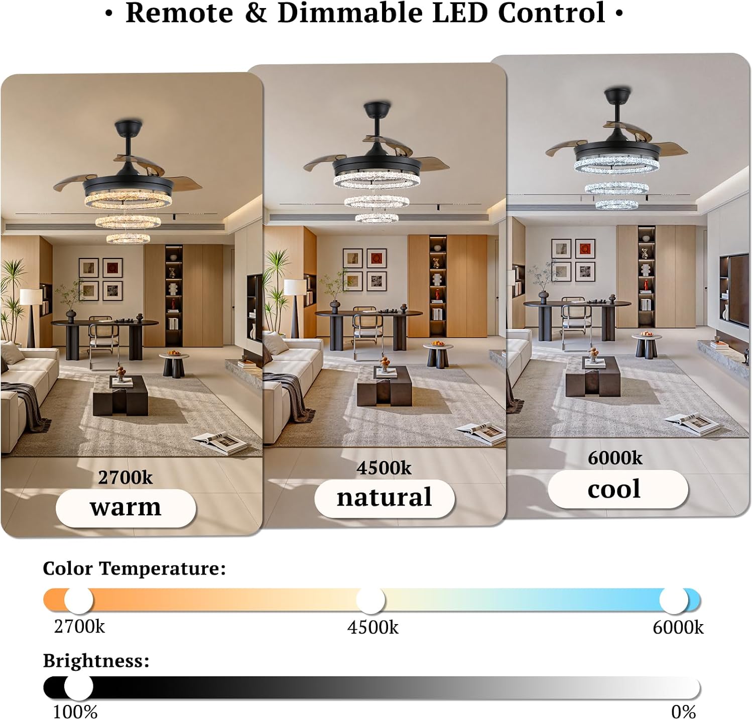 42' Black Crystal Ceiling Fan with Light, Dimmable LED Fandelier with Retractable Invisible Blades, Quiet Reversible DC Motor, 3 Color Lighting, Flush Mount for Bedroom, Living Room, Dining Room
