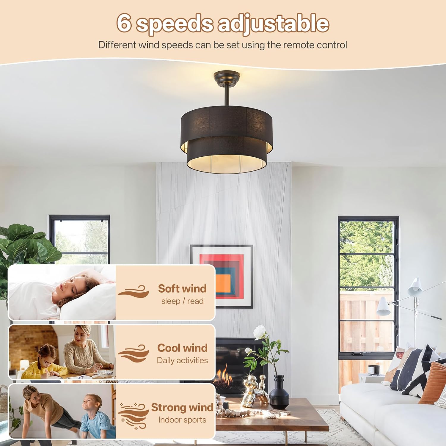 20' Farmhouse Ceiling Fans with Lights, Black Boho Fandelier Chandelier Ceiling Fan with Light Remote Control, Caged with 6 Speeds for Living Room, Bedroom, Nursery