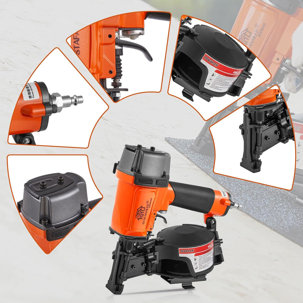 NVH45 Roofing Nail Gun, 15 Degree Pneumatic Pistola De Roofing, 7/8' to 1-3/4' Nails Compatibility, 3/8 NPT Air Connector, 120-Pcs Load Capacity for Roofing Constructions (Org-Blk Ver)