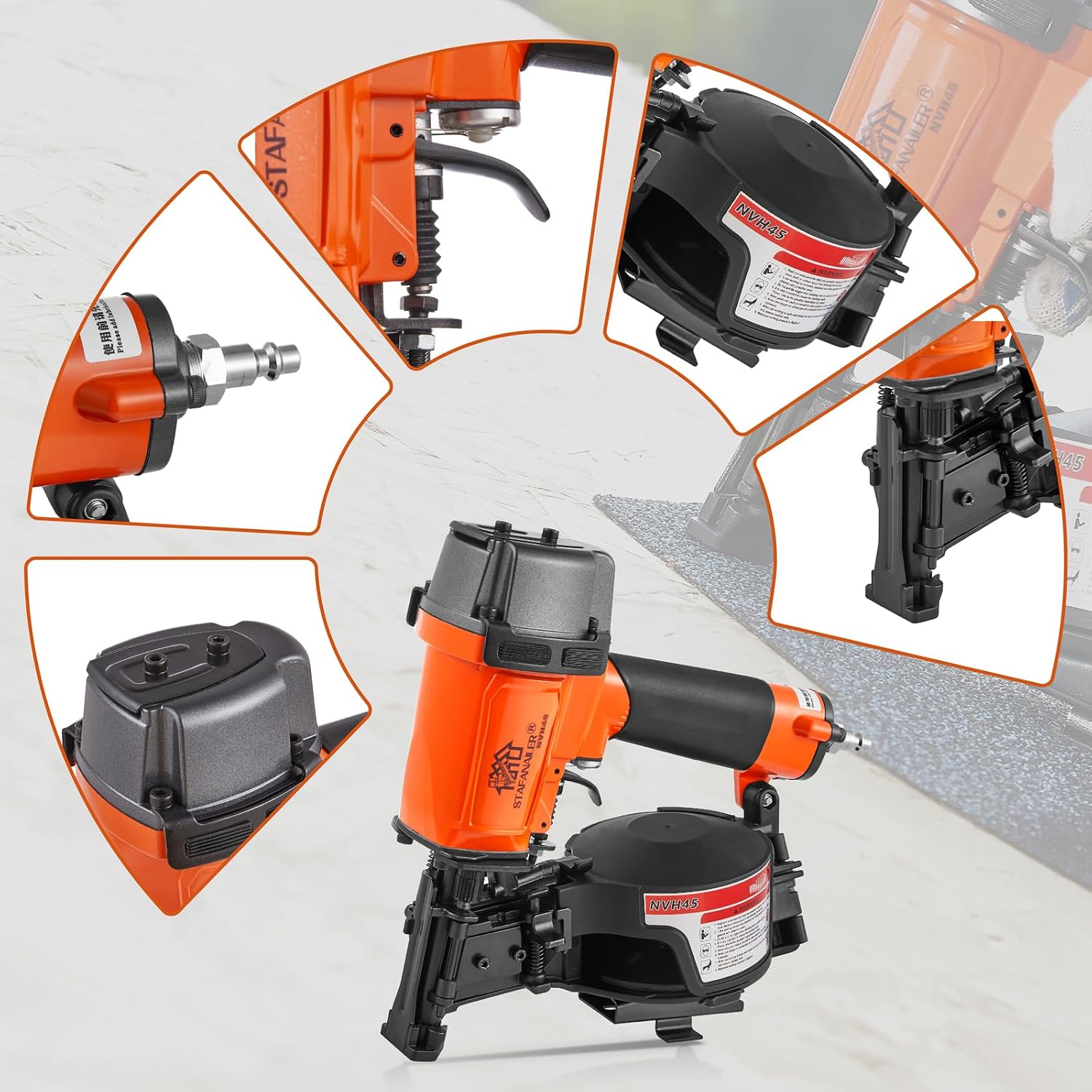 NVH45 Roofing Nail Gun, 15 Degree Pneumatic Pistola De Roofing, 7/8' to 1-3/4' Nails Compatibility, 3/8 NPT Air Connector, 120-Pcs Load Capacity for Roofing Constructions (Org-Blk Ver)