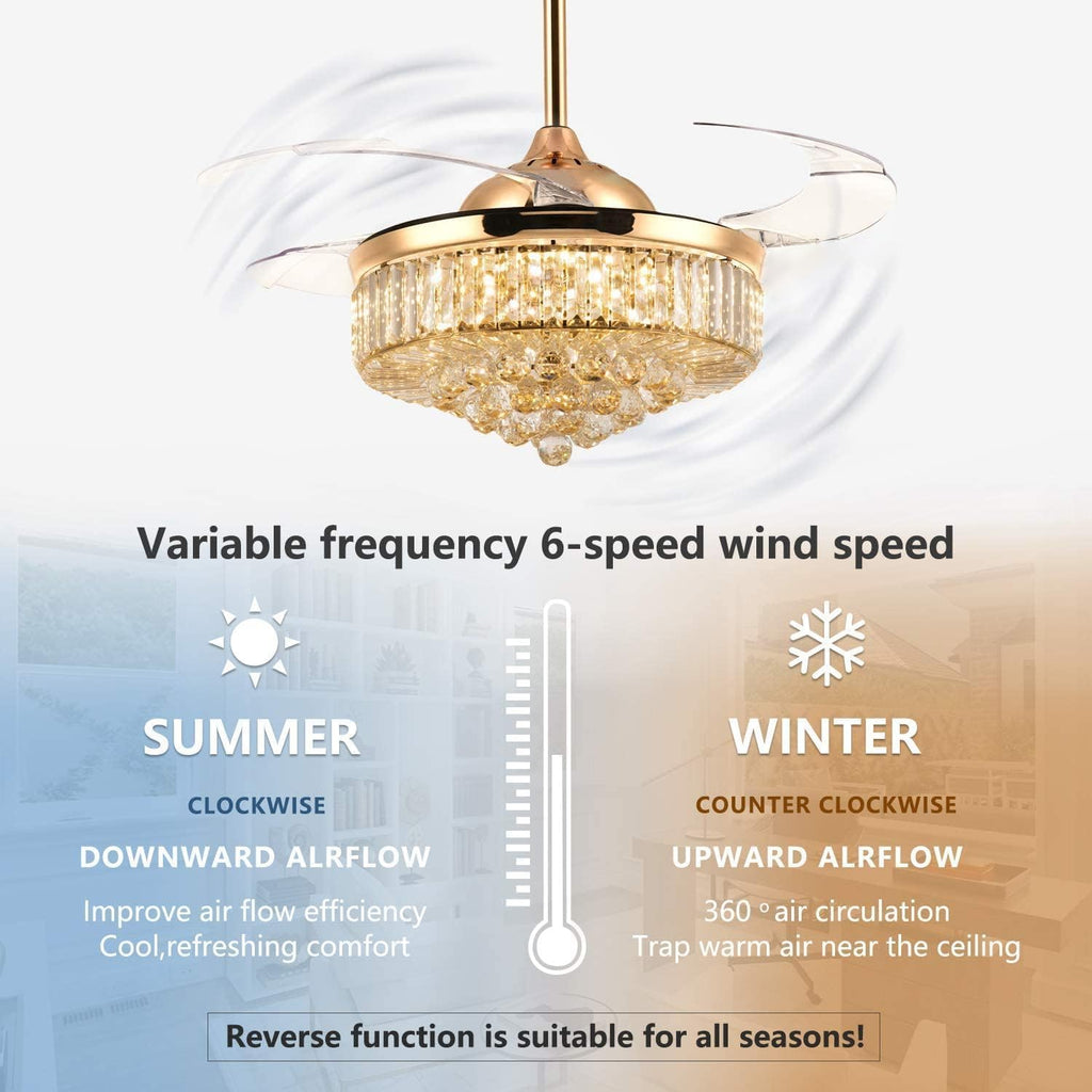 36'' Fandelier Ceiling Fans with Light, Chandelier Gold Ceiling Fan, Retractable Crystal Ceiling Fan for Bedroom, Living Room, 3 Color Change, LED Dimmable, 6 Speeds, Reversible DC Motor