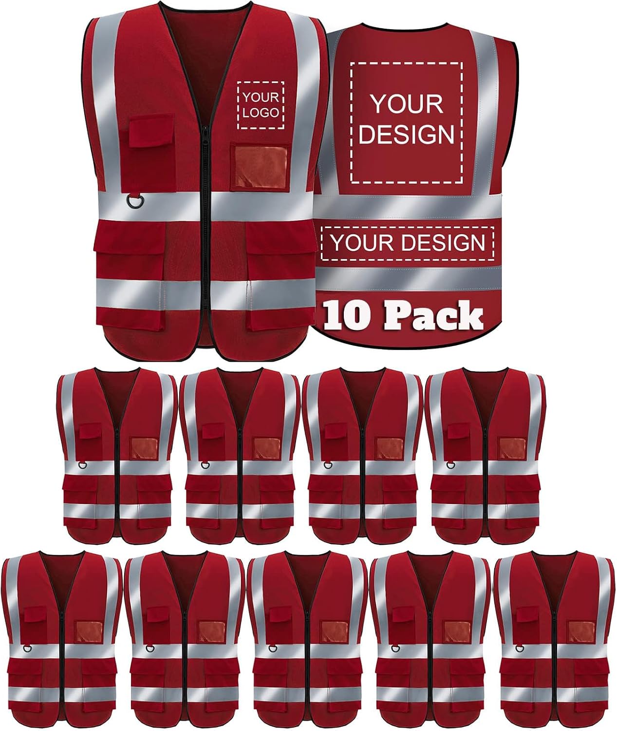 Custom Logo Safety Vest High Visibility Reflective Vest Class 2 Standard with Pockets and Zipper