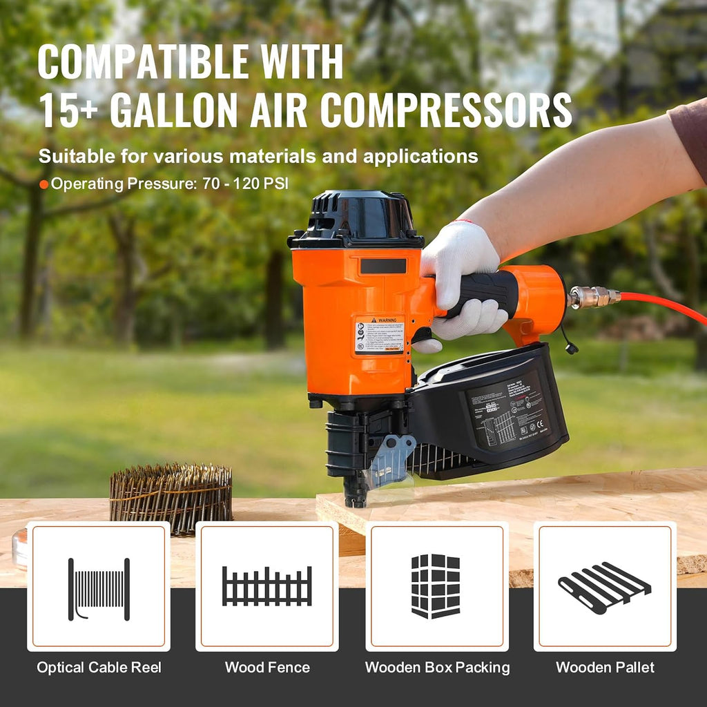 Happybuy Coil Siding Nailer MCN70, 1-3/4' to 2-3/4' 15 Degree Pneumatic Siding Nail Gun, 70-120PSI Air Coil Nailer for Pallet, Crating, Framing, Siding and Fencing