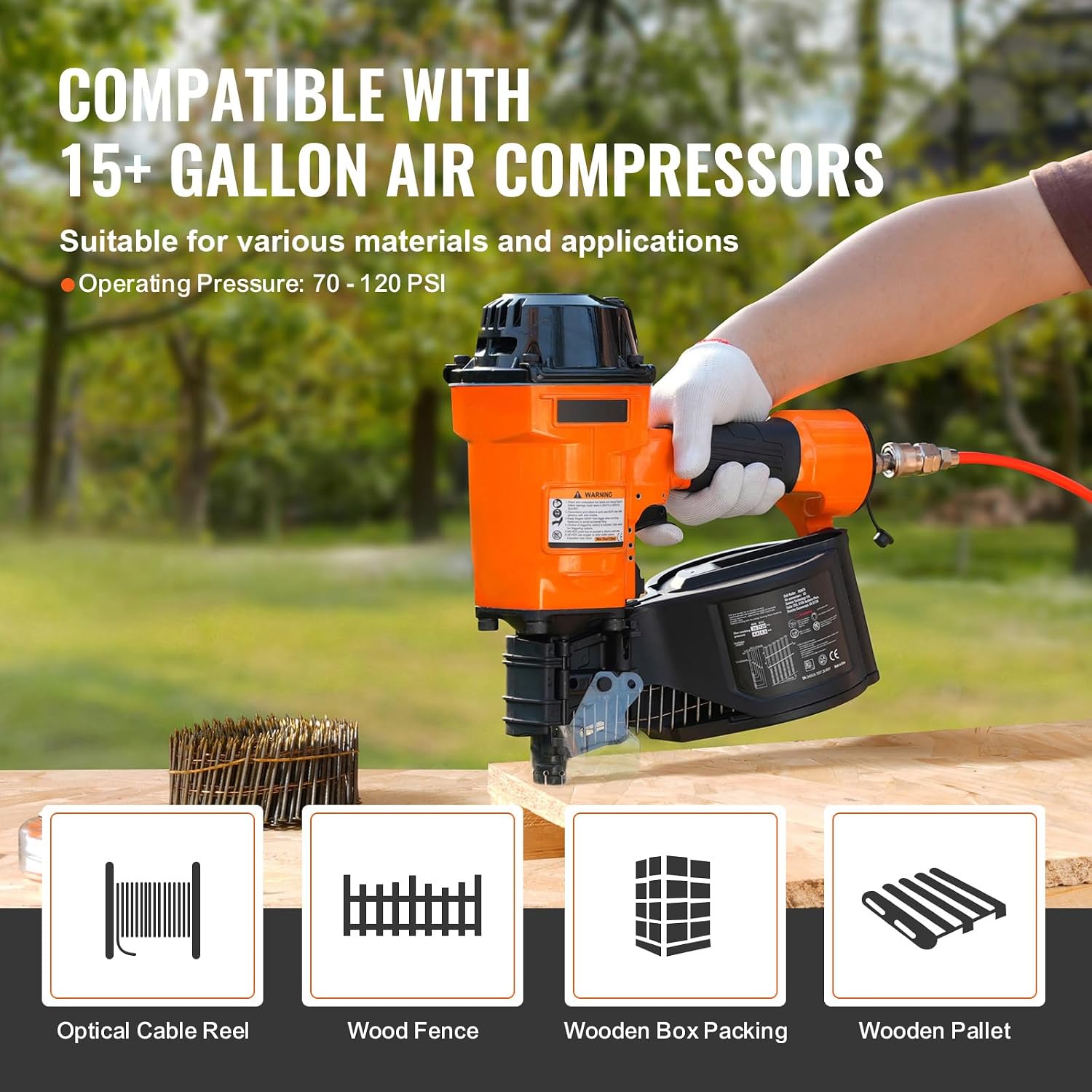 Happybuy Coil Siding Nailer MCN70, 1-3/4' to 2-3/4' 15 Degree Pneumatic Siding Nail Gun, 70-120PSI Air Coil Nailer for Pallet, Crating, Framing, Siding and Fencing