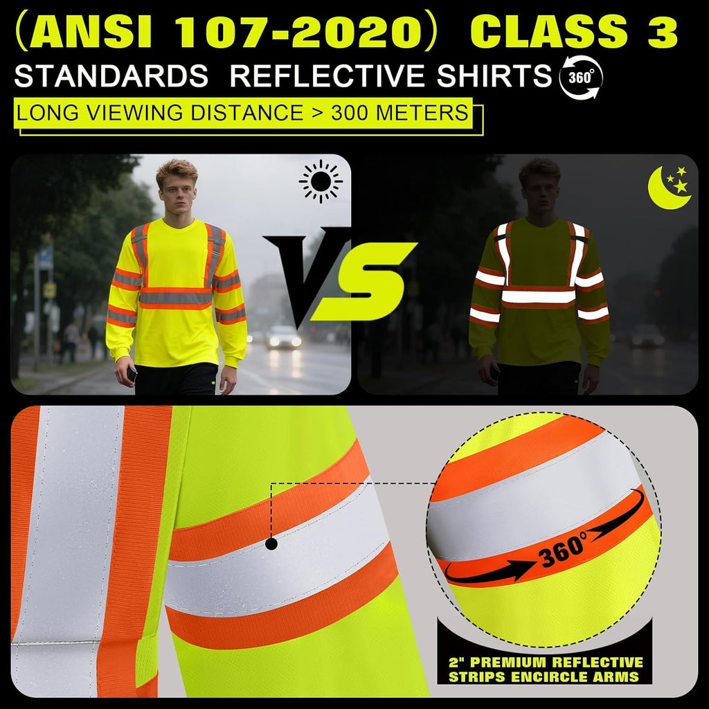 BeautyWill High Visibility Shirts Long Sleeve Class 2 Reflective Shirts ANSI with Pocket Safety Shirts for Men and Women