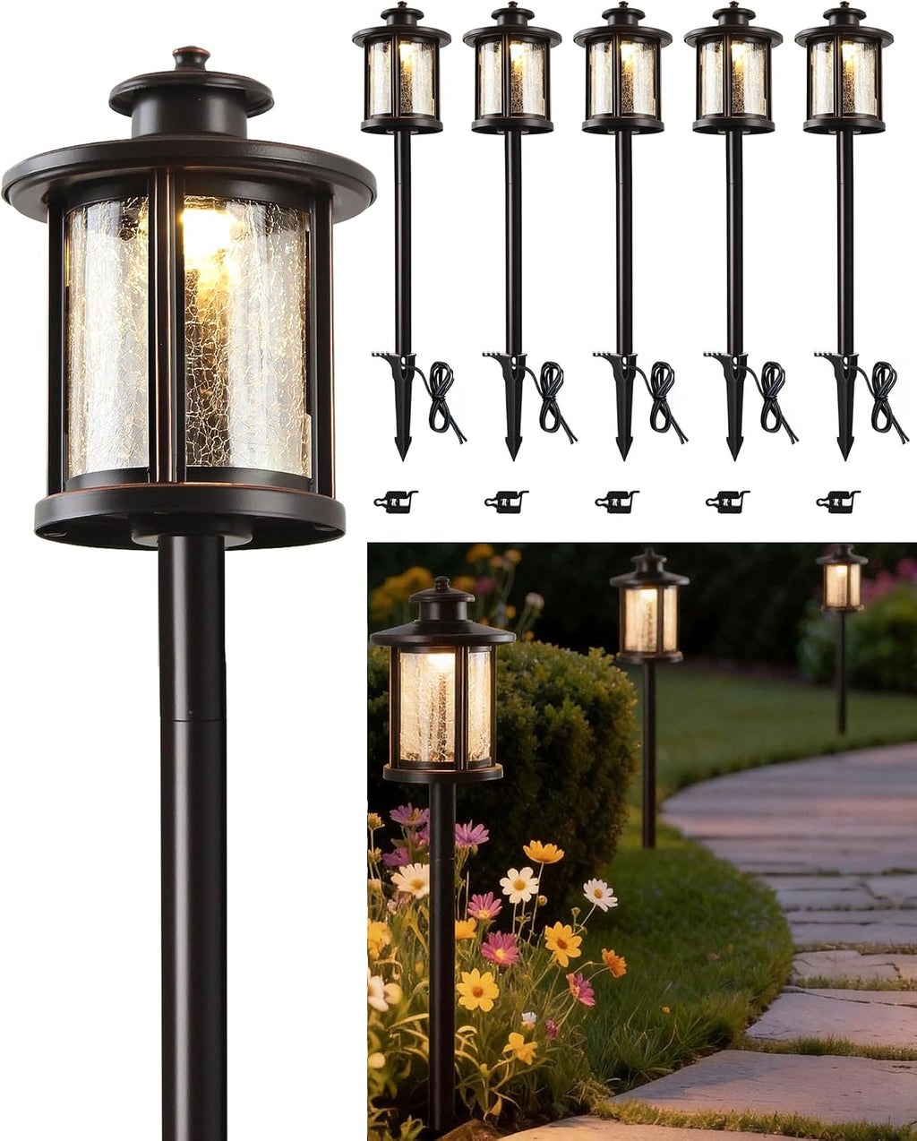 LITFIT Low Voltage Landscape Lighting, 12V 3.4W 155LM 3000K Outdoor Path Lights with Connectors, Crackled Shade, ORB Finish, Waterproof Aluminum LED Walkway Light Wired for Garden Yard, 6 Pack