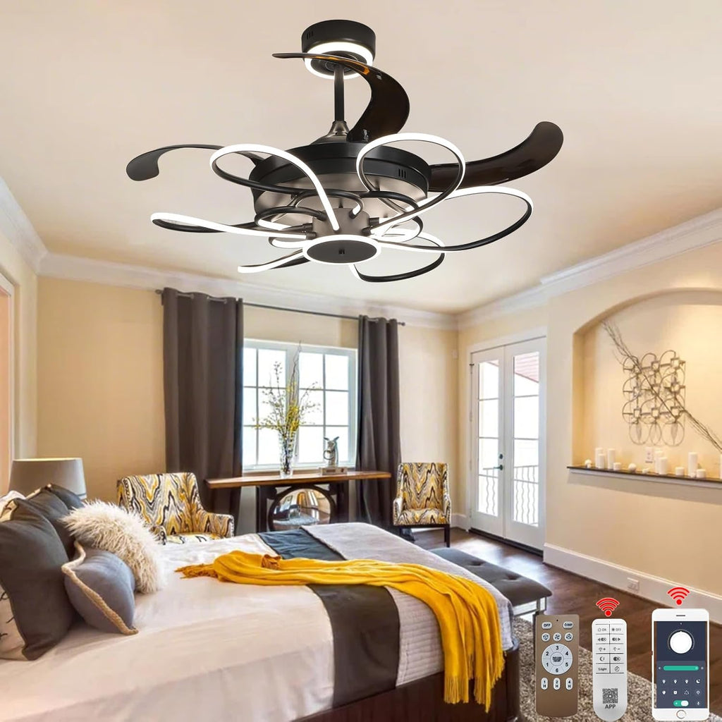 48 Inch Retractable Fandelier Ceiling Fan Chandelier with Lights and Remote for Bedroom Indoor Decoration, 3 Color Changeable, Dimmable with App, Timer Setting, Black